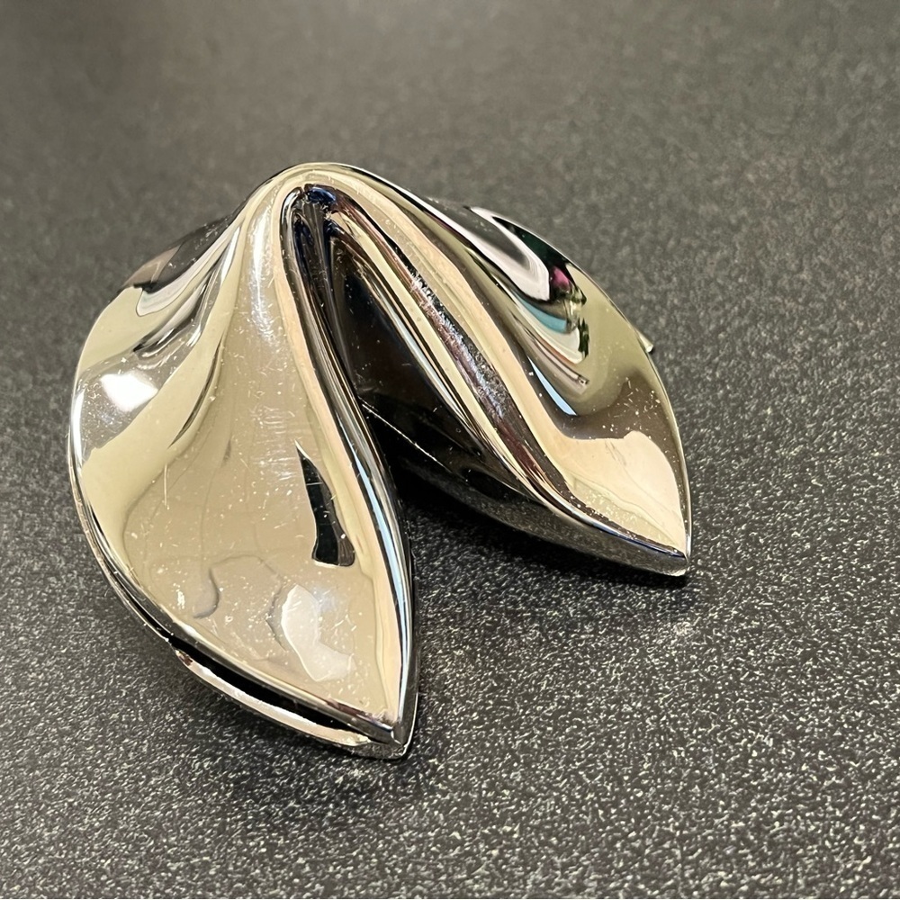 Chrome hinged fortune cookie trinket box surprise good luck Chinese gift ring.